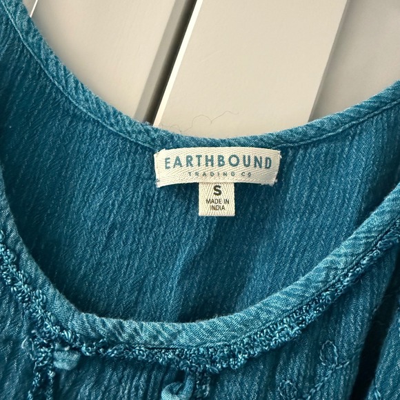 Earthbound Trading Co Womens Teal Blue Embroidered Rayon Mini Dress Small Boho - Picture 2 of 8